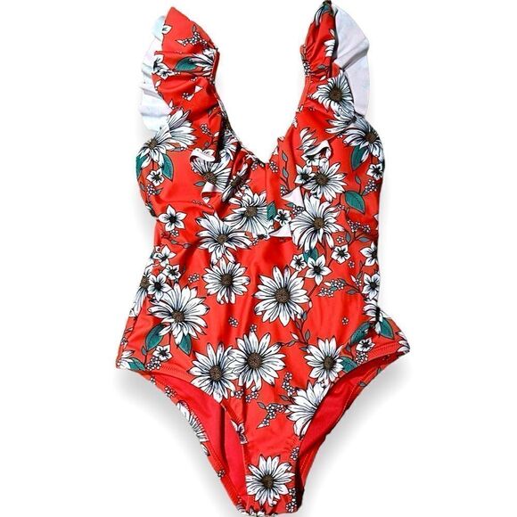 Jessica Simpson swimsuit one piece ruffle salsa red floral Small - Picture 4 of 11